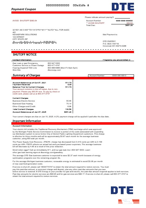 USA Michigan DTE Energy business utility bill template in Word and PDF formats
